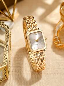 2pcs Elegant Women's Quartz Watch Set, Exquisite Square Minimalist Small Dial, Roman Numeral Gold Steel Band Women's Gold Watch, Paired With Polished Minimalist Gold Bracelet, High-End Women's Set, Exquisite And Elegant Hand Jewelry Accessories, Vintage Luxury Fashion Style, Suitable For National Day, Party, Wedding, Date, Back To School, Christmas, Thanksgiving, Halloween, Easter And Other Occasions, Minimalist And Elegant Enhances Outfit Texture, Best Gift For Women - Gold - View 3