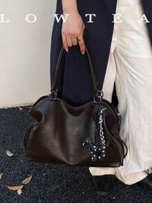 low tea 1pc Fashion PU Fabric Shoulder Tote Bag Suitable For Commuting, Shopping, Etc. (With Pendant) - Coffee - View 8