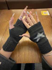 1pc Knitted Knitted Star Jacquard Half Finger Gloves, Autumn/Winter Warm Contrast Color Fingerless Hand Socks Sleeve Covers, Unisex - B - View 15