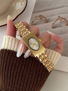 Women's Luxury Rectangular Quartz Watch, Glossy Gold Rectangular Case, White Dial, Suitable For Daily Wear - Gold - View 4