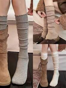 1 Pasang Kaos Kaki Bertumpuk dengan Tepi Bergelombang, Cocok Dipadukan dengan Sepatu Bot, Kaos Kaki Wanita Gaya Musim Semi/Gugur JK, Kaos Kaki Panjang Berenda Putih, Cocok untuk Sepatu Bot Panjang, Kaos Kaki Setinggi Betis - MultiWarna - View 18