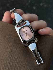 1PC Women Silver Tone Tapered Geometric Link Quartz Bracelet Watch With Pink Rounded Rectangular Dial Minimalist Markers Vintage Elegant Gift - Silver - View 4