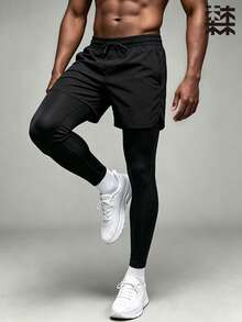 mulinsen Men's 2-In-1 Running Compression Shorts Layered Design Elastic Quick-Dry Training Tight Pants - Black - View 8