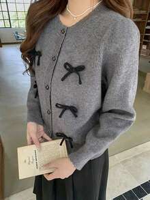 Áo cardigan len dệt kim dáng rộng tay dài cổ tròn, đính nơ, cài nút đơn, màu trơn cho mùa Thu/Đông - Bụi tím - Xem 6