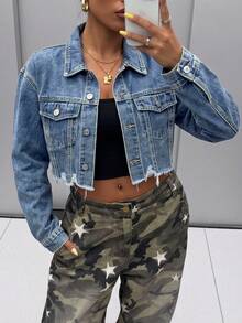 Women's Washed Denim Short Shacket, Shirt Collar, Long Sleeve Short Jacket, Autumn Fashion Choice - Blue - View 2