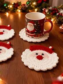 2/4pcs Winter Christmas Crochet Coasters, Handmade Christmas Gift Knitted Coaster Set, Holiday Table Decorations, Creative Christmas Gift, Seasonal Table Accessories, Suitable For Holiday Party Gifts, Kitchen, Office, And Home Decor - Multicolor - View 3