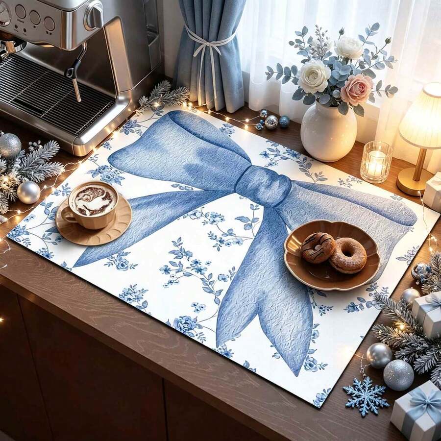 1pc Christmas Series Light Blue Bow & Floral Pattern Coffee Bar Mat, Diatomaceous Earth Soft Bottom Drainage Mat, Soft Rubber Absorbent Wear-Resistant Dish Drying Mat, Countertop Table Mat For Kitchen, Restaurant, Patio, Home Kitchen Decor