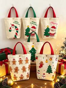 2pcs Christmas Printed Tote Handbag Bag, Santa Claus & Christmas Tree & Gingerbread Man Print Handbag, Reusable Snap Button Shopping Bag, Holiday Gift Bag, Women Daily Shoulder Handbag - Multicolor - View 5
