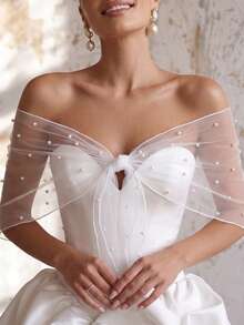 1pc Pearl Beaded Tulle Bow Shawl, Detachable Sheer Mesh Bridal Shoulder Wrap Accessory - Multicolor - View 5
