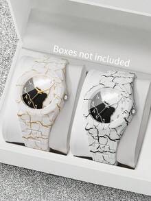 Men's And Women's Plastic Strap Fashion Marble Pattern Arabic Numeral Dial Classic Casual Quartz Wristwatch, Gift For Friends (2pcs/Set) Watch Box Not Included, Note: Strap Pattern Position May Vary - White - View 11