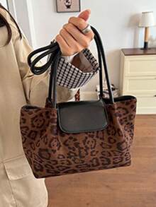 Women's Vintage Leopard Print One Shoulder Tote Bag, Retro Colorblock Faux Leather Flap Bohemian Style Handbag, Soft Lightweight Fabric Underarm Bag - Multicolor - View 9