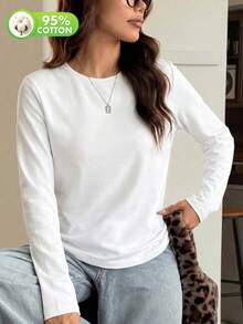 Kaos Wanita Lengan Panjang Leher Bulat, Potongan Slim Fit Regular Putih Kasual Dasar - Putih - View 4