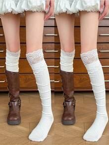 1/2 Pasang Kaos Kaki Longgar Gaya Balet Wanita Berwarna-warni dengan Pita Renda, Kaos Kaki Rajut Lembut di Atas Lutut hingga Paha, Cocok untuk Pemakaian Kasual Sehari-hari - MultiWarna - View 14