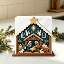 Christmas Nativity Scene Wooden Napkin Holder, Holy Family Angel And Farm Animal Pattern Paper Towel Holder, Winter Holiday Kitchen Table Decor, Christmas Tabletop Napkin Organizer (Paper Towels Not Included) - Multicolor - View 7