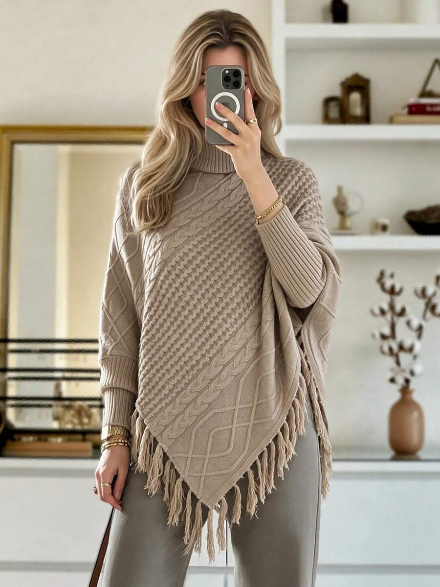 Women's Elegant Oatmeal Color Autumn/Winter High Neck Shawl Sweater, Cable Knit Tassel Trim Asymmetrical Triangle Shawl Sweater, Suitable For Daily Wear And Dating, Casual Style - Light Brown - View 1