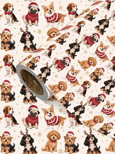 1 Rollo de Papel de Regalo Navideño, Patrón de Cachorro Navideño, Tamaño del Rollo: 43 Cm X 300 Cm, Perfecto para Envolver Regalos Navideños, Decorar Fiestas Navideñas, Decoración Festiva del Hogar, Manualidades DIY, Envolver Detalles Festivos