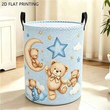1pc Cute Teddy Bear Moon Star Cloud Print Laundry Basket, Foldable Round Storage Bin With Handle, Large Capacity Toy & Clothing Organizer, Children's Bedroom & Nursery Decor - Blue - View 7
