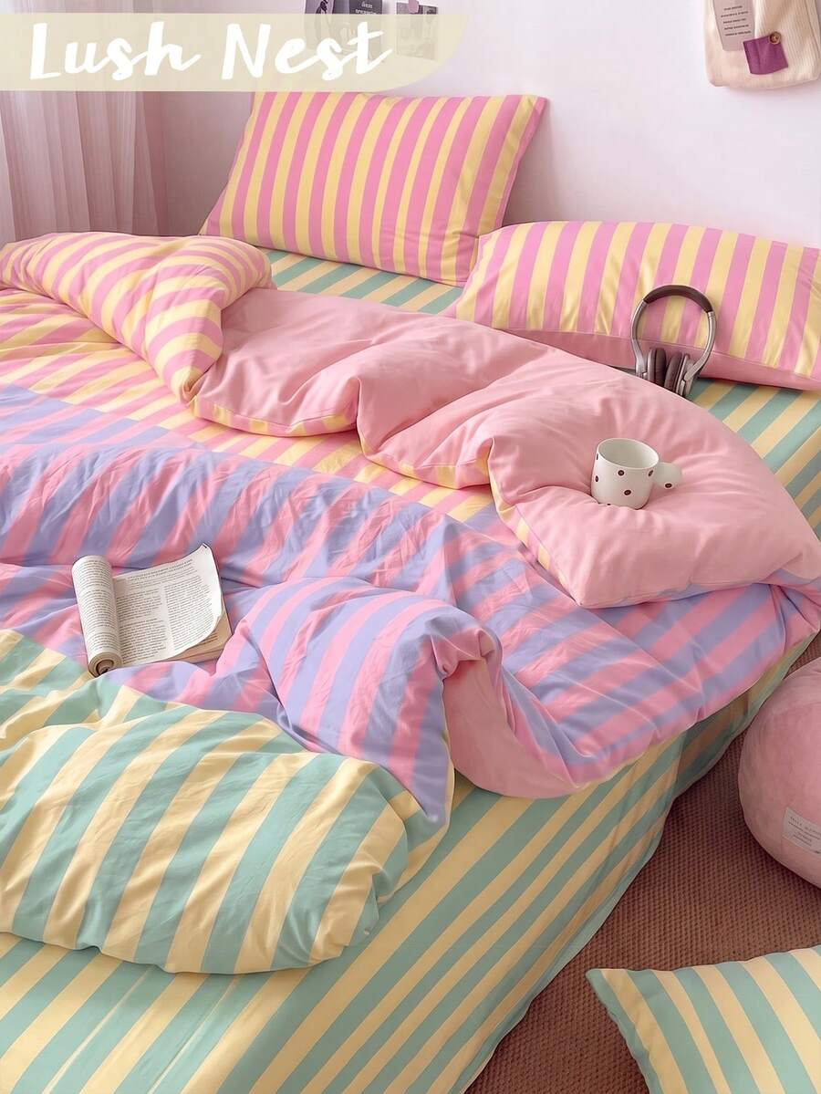 2件/3件組彩色條紋被套(1件被套 + 2件枕套,不含內芯),日常聚酯纖維與柔軟合成纖維製成,觸感舒適、親膚透氣,適合主臥室 - 彩色 - 查看 1
