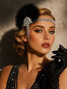 STONEFANS 1pc New 1920s Feather Headband European & American Style Vintage Rhinestone Tassel Hair Accessory For Masquerade Party - Silver - View 1