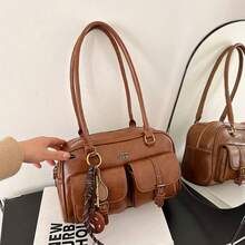 Women's Vintage Solid Color PU Leather Shoulder Bag, Large Capacity Multi-Pocket Office Tote Bag With Detachable Pendant, Suitable For Halloween Party And Daily Casual - Multicolor - View 9