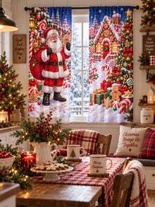 2pcs Christmas Printed Curtains, Festive Spandex Window Panels With Red Bow, Pine Garland, Ornament, Star And Snowflake Pattern, Light Filtering Rod Pocket Drapes For Living Room, Study, New Year Winter Decor - A - View 2