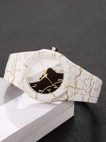 Men's And Women's Plastic Strap Fashion Marble Pattern Arabic Numeral Dial Classic Casual Quartz Wristwatch, Gift For Friends (2pcs/Set) Watch Box Not Included, Note: Strap Pattern Position May Vary - White - View 7