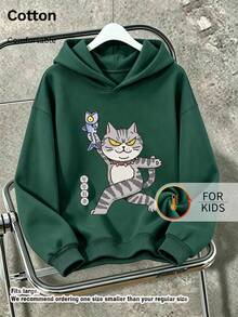 Kids Cute Long Sleeve Hoodie With Cartoon Cat Holding Fish Graphic Print Casual Drawstring Pullover - Dark Green - View 1