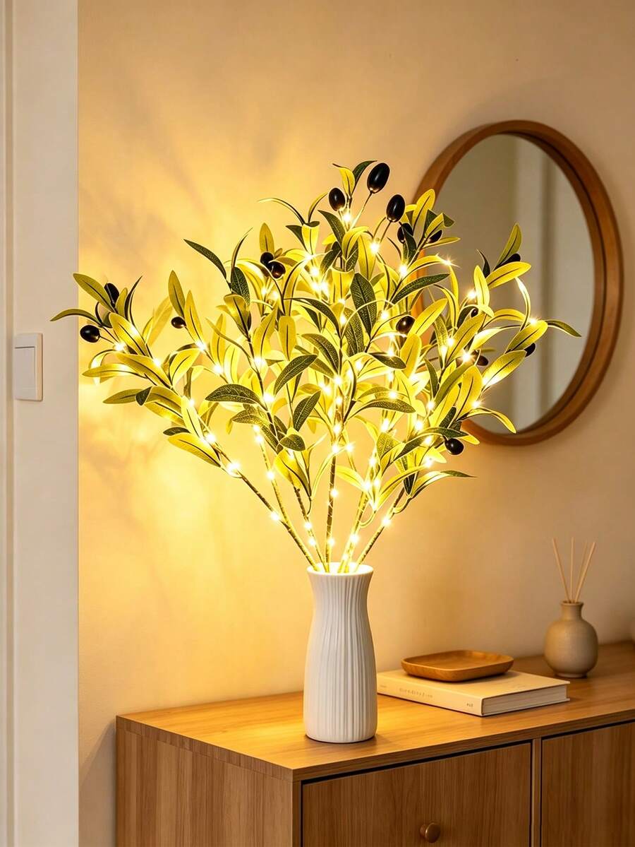 1pc LED Simulated Olive Branch Copper Wire Tree Light, Creative Home Decor To Create Holiday Atmosphere, Olive Branch LED Light With Small Fairy Lights, Artificial Green Tree Suitable For Modern Holiday Home Decor - Perfect For Wedding, Birthday Party, Cafe, Tabletop (Battery Operated)