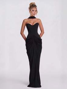Women's Strapless Heart Neckline Ruched Cowl Neck Ribbon Long Party Dress - Black - View 3