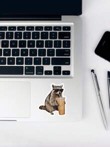 1Pc Cool Raccoon Drinking Iced Coffee Meme Sticker, Trash Panda With Fashion Glasses Waterproof Vinyl Decal, Funny Animal Sticker For Laptop Water Bottle Kindle Car Window DIY Decor, Novelty Gift For Coffee Lovers - Multicolor - View 6