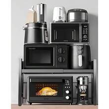 Estante Extensible para Horno de Microondas de 2 Niveles, Organizador Ajustable para Cocina con Espacio de Almacenamiento, Soporte Práctico para Microondas, Utensilios, Condimentos y Accesorios, Diseño Resistente para Aprovechar el Espacio en Encimeras, Alacenas y Cocina del Hogar - Negro - Ver 2