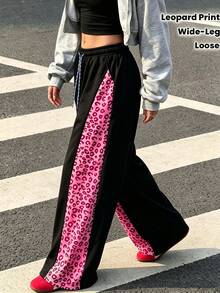 Women's Wide-Leg Pants With A Color-Blocked Leopard Print, Perfect For Casual Street Style Or Everyday Wear. - Black - View 5