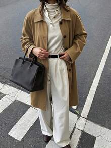Minimalist Twill Straight Wool Coat Women Pocket Midi Work Travel Fall Winter Fashion - Brown - View 4