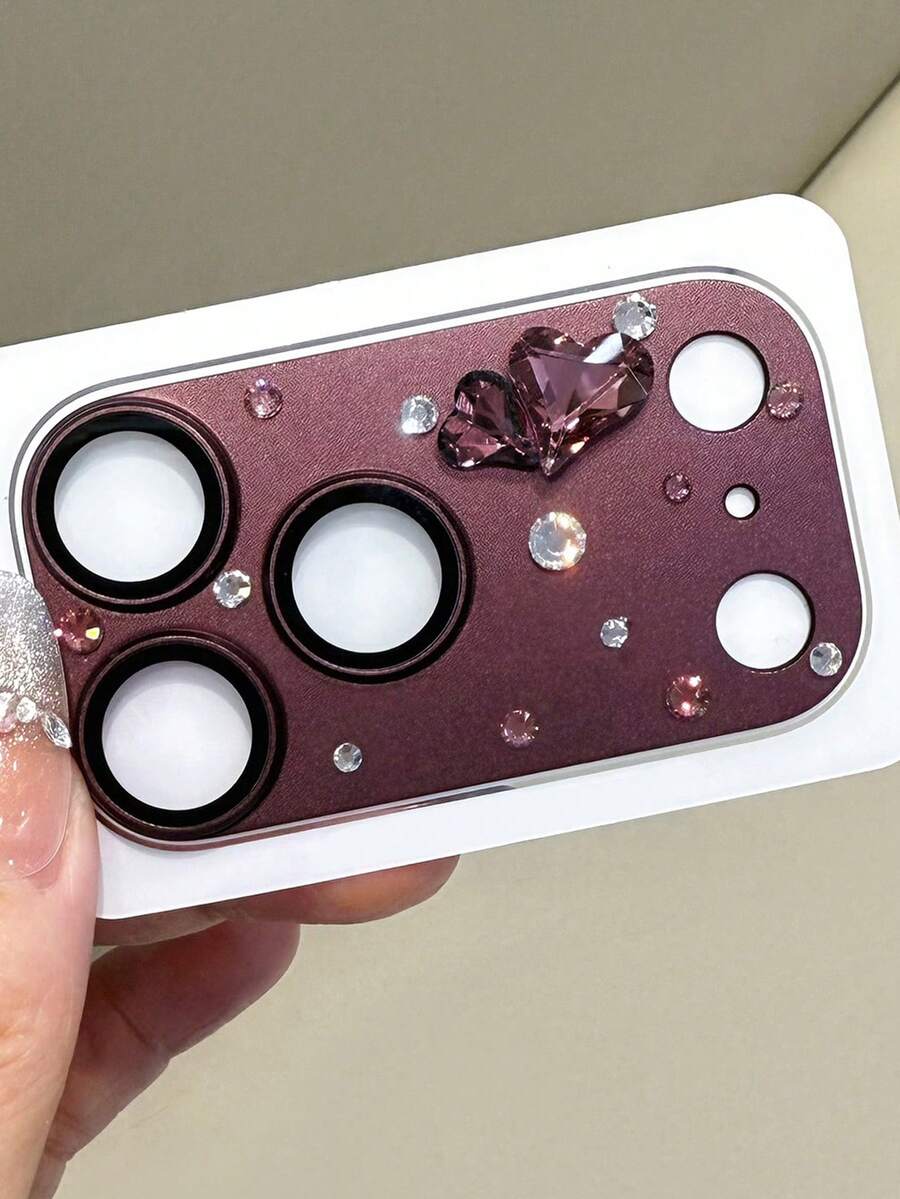 Luxury Shining 3D Heart Diamond Rhinestone Handmade Camera Protector Compatible With IPhone 18 Pro Max 18 Pro 17 Pro Max 17 Pro Matte Scratch-Proof Lens Glass Tempered Film - Burgundy - View 1
