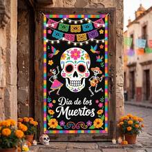 2D Flat Banner, Mexican Day Of The Dead Theme Decoration Party Width, Painted Sugar Skull Pattern Design, Party Decoration, Hanging Cloth For Door Frame Decoration, Indoor And Outdoor Courtyards, And Various Styles. - 1 - View 1