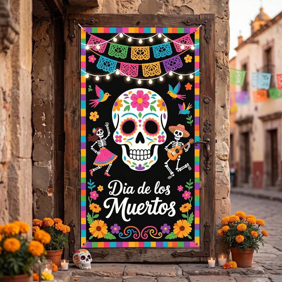 2D Flat Banner, Mexican Day Of The Dead Theme Decoration Party Width, Painted Sugar Skull Pattern Design, Party Decoration, Hanging Cloth For Door Frame Decoration, Indoor And Outdoor Courtyards, And Various Styles. - 1 - View 1