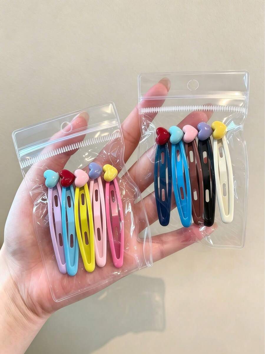 5pcs Women's Sweet Heart Decor Hair Clips, Solid Color BB Barrettes Cute Candy Color Snap Hair Pins Daily Hair Accessories Set - Multicolor - View 1