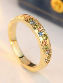 YOYO Vintage Exquisite Multi-Color Synthetic Zirconia Inlaid Wide Ring, Bohemian Women's Daily Wear Jewelry - Gold - View 3