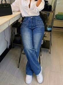 Women's Casual Straight Leg Denim Jeans With Pockets And Buttons - Dark Wash - View 5