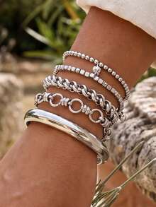 5pcs Simple Fashion Minimalist Asymmetrical Beaded Heart Bracelet Set For Women, Sisters, Vacation, Date, Gift, Daily Casual, Party, Wedding - Silver - View 5