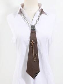 1pc Fashionable Versatile Unisex Pre-Tied Tie With Faux Rhinestone Cross Chain Decor, College Style DIY Necktie For Halloween, Party, Performance And School Wear - Multicolor - View 9