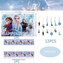 Birthday Party Decorations, Happy Birthday Backdrop, Tablecloth And Hanging Swirl Decorations, Anna And Olaf Theme Birthday Party Supplies - Multicolor - View 3