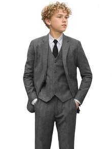 3件組男孩人字紋斜紋西裝套裝，深灰色，適合婚禮、生日、學校、舞台及其他正式場合，6-16歲 - 深灰色 - 查看 5