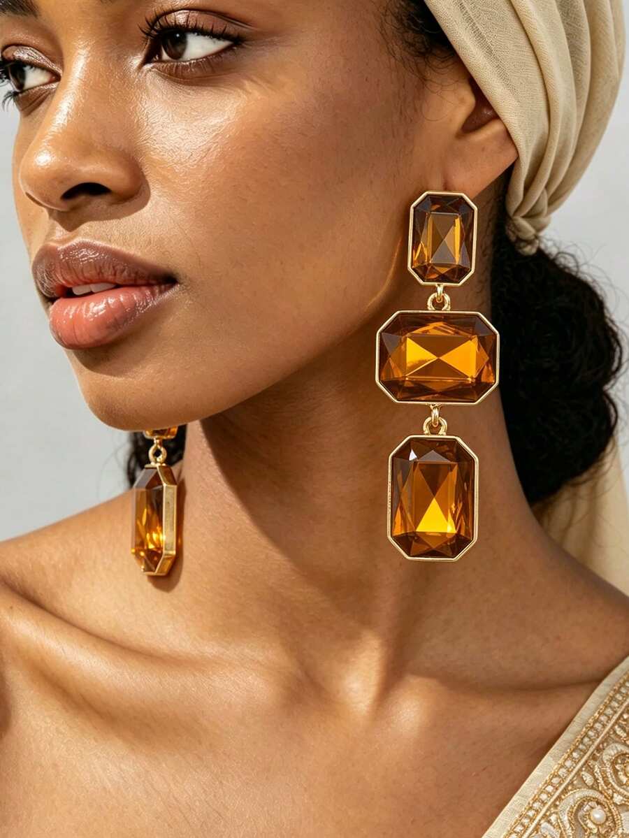 1 Pair Of Retro Leopard Print V-Shaped Personalized Earrings For Women's Daily Commuting Wear (No Gift Box) - Amber - View 1