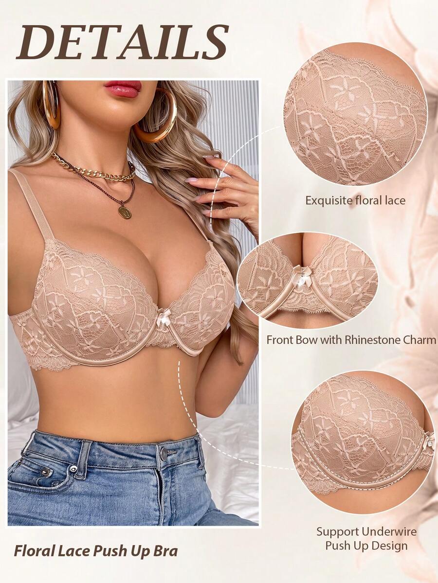 Romantic Floral Lace Push-Up Bra, Comfortable And Breathable With Underwire Support, Adjustable Spaghetti Strap, Everyday Lingerie