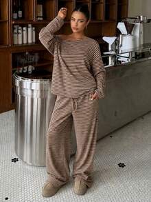 Women's Autumn/Winter Casual Commute Style Brown Striped Loose 2 Pieces Set, Outdoor, Sports, Back To School - Brown - View 10