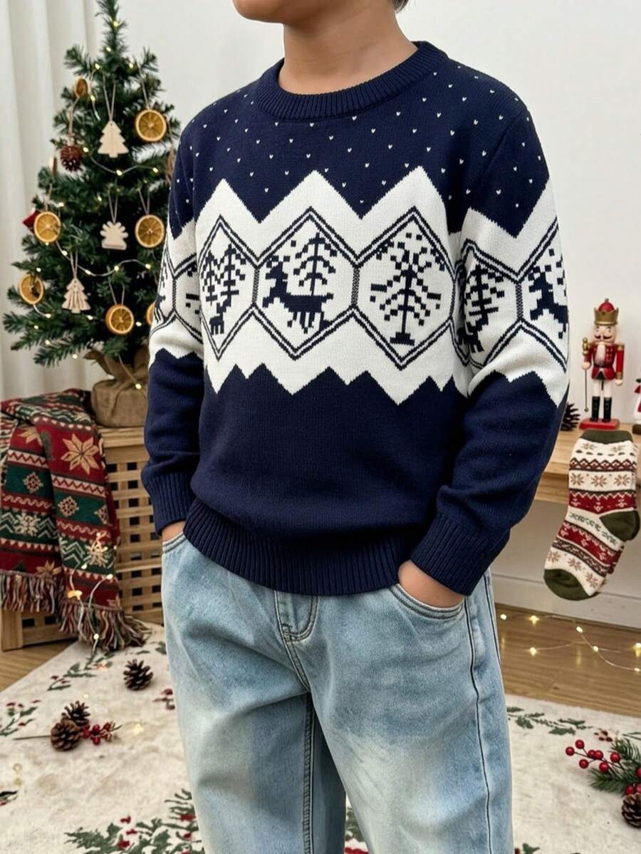 Young Boy Christmas Reindeer Argyle Round Neck Long Sleeve Pullover Sweater, Autumn/Winter - Navy Blue - View 1