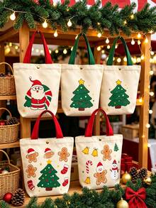 2pcs Christmas Printed Tote Handbag Bag, Santa Claus & Christmas Tree & Gingerbread Man Print Handbag, Reusable Snap Button Shopping Bag, Holiday Gift Bag, Women Daily Shoulder Handbag - Multicolor - View 6