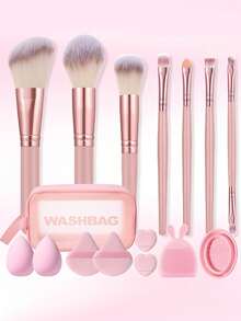 16Pcs/7pcs Pink Makeup Tool Set Makeup Brushes Triangle Puff Finger Puff Makeup Sponge Silicone Facial Cleansing Tool Makeup Bag Makeup Cleaning Brush For Foundation Blush Contour Eyeshadow Blending Dry Wet Use - Pink - View 10