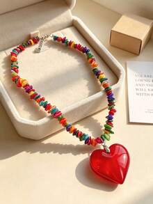 1pc Sweet Vacation Style Colorful Beaded Red Heart Pendant Necklace, Suitable For Women's Beach Holiday Jewelry (Bead Color Random, Position Not Fixed) - Multicolor - View 2